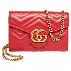 Gucci Red Matelasse Leather Mini GG Marmont Chain Bag