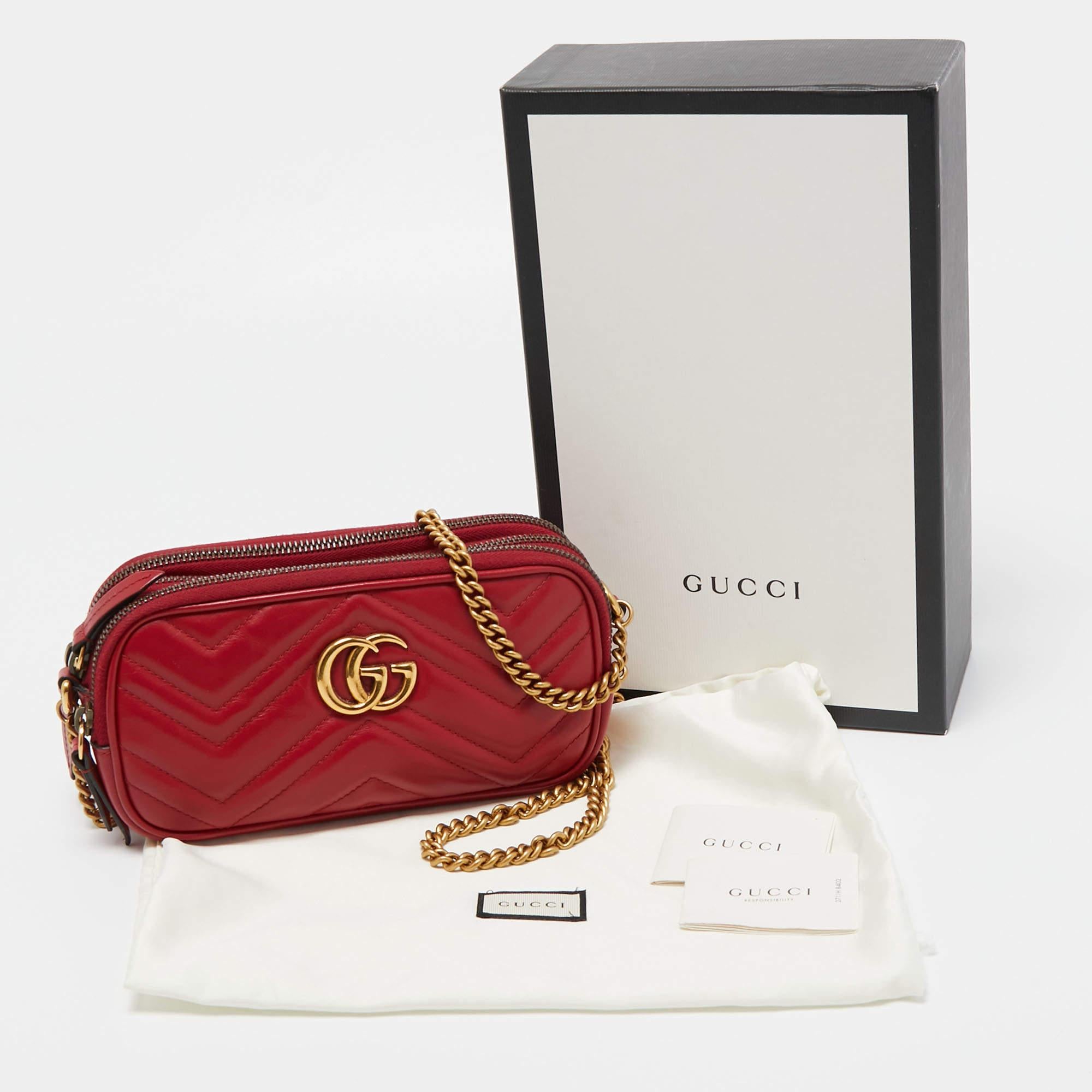Gucci Red Matelassé Leather Mini GG Marmont Chain Crossbody Bag 9