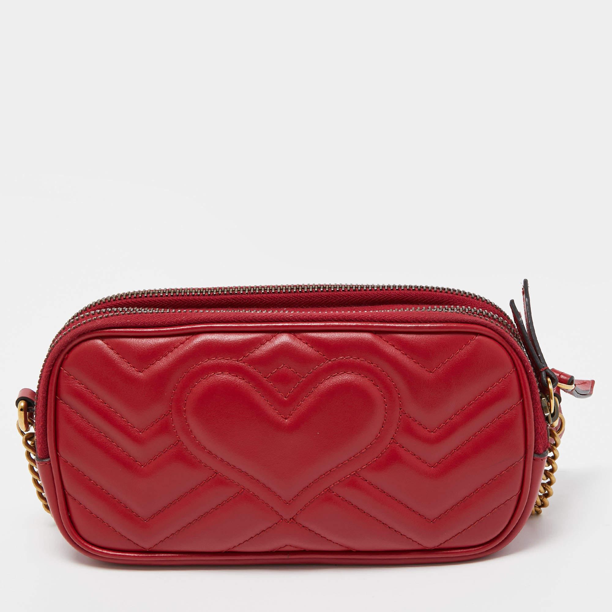 Women's Gucci Red Matelassé Leather Mini GG Marmont Chain Crossbody Bag