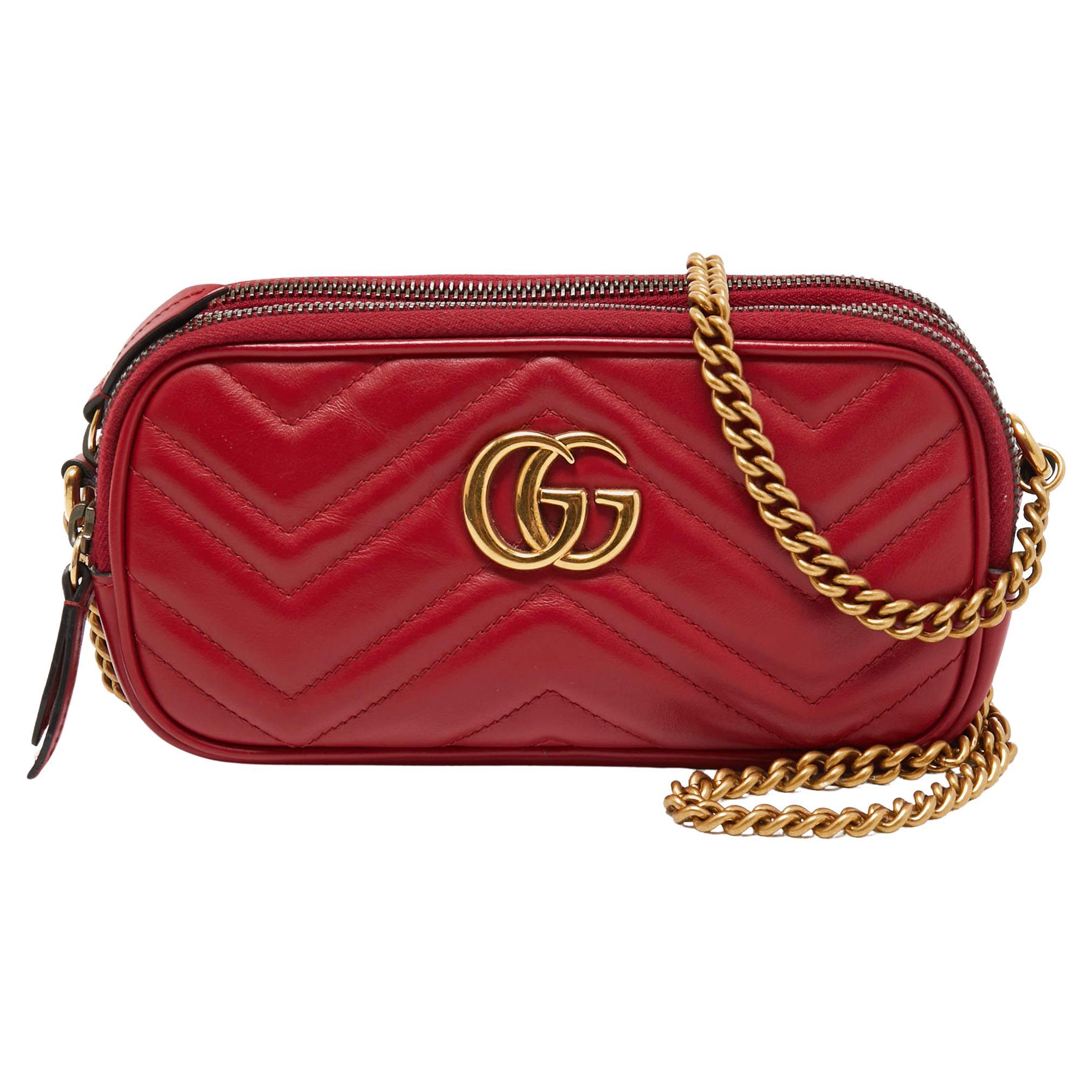 Gucci Red Matelassé Leather Mini GG Marmont Chain Crossbody Bag