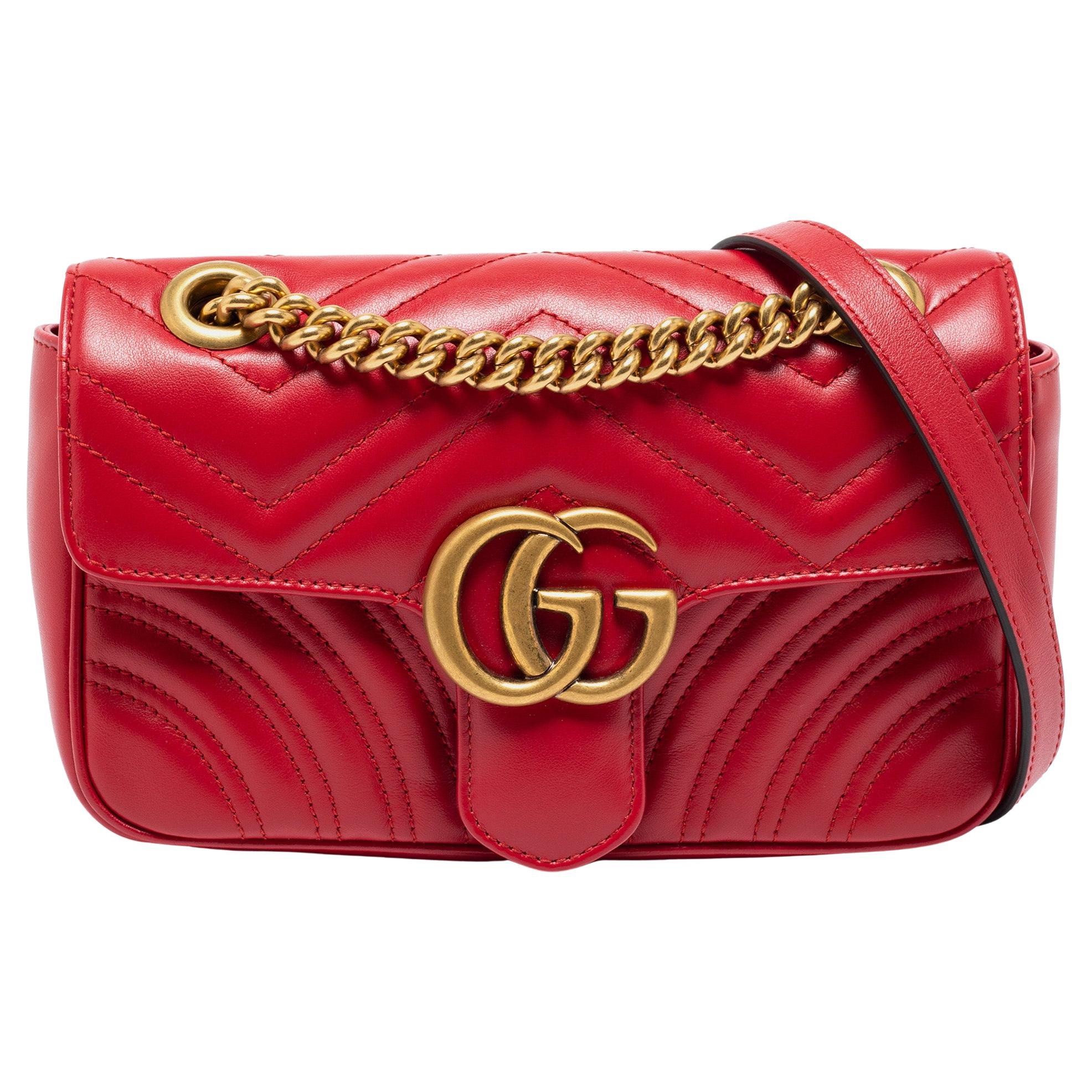 Gucci Red Matelassé Leather Mini GG Marmont Shoulder Bag