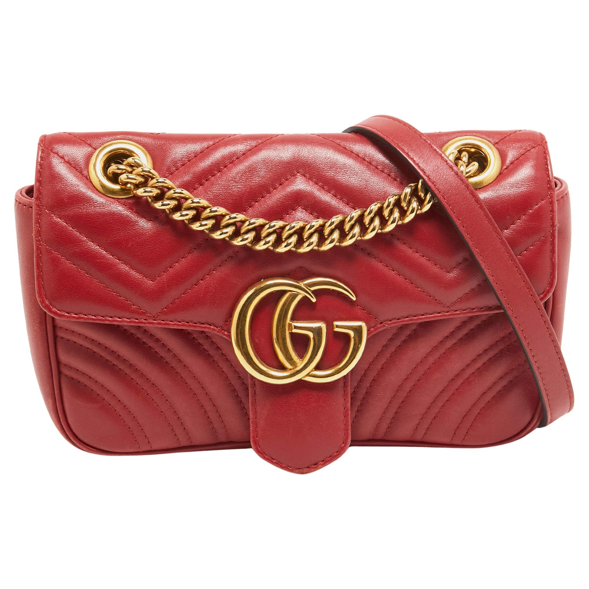 Gucci Red Matelassé Leather Mini GG Marmont Shoulder Bag For Sale