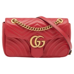 Gucci Red Matelassé Leather Small GG Marmont Shoulder Bag