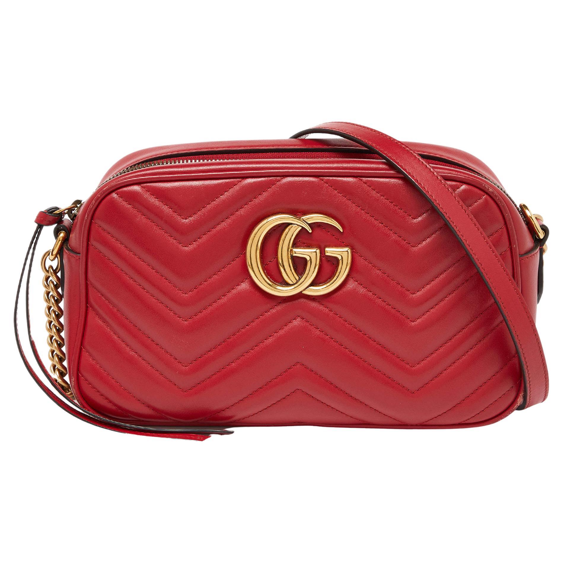 Gucci Red Matelassé Leather Small GG Marmont Shoulder Bag For Sale