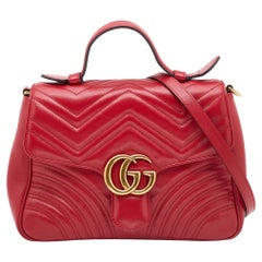 Gucci Red Matelasse Leather Small GG Marmont Top Handle Bag
