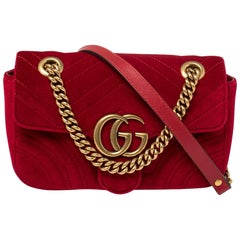 Gucci Red Matelasse Velvet Mini GG Marmont Shoulder Bag