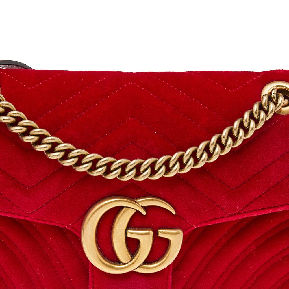 Gucci Red Matelassé Velvet Small GG Marmont Shoulder Bag 4