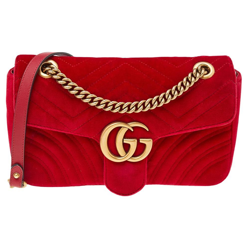 Gucci Red Matelassé Velvet Small GG Marmont Shoulder Bag