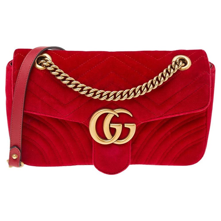 Gucci Red Matelassé Velvet Small GG Marmont Shoulder Bag at 1stDibs