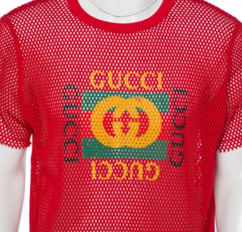 Men's Gucci Red Mesh Logo Printed Crewneck T-Shirt XS For Sale
