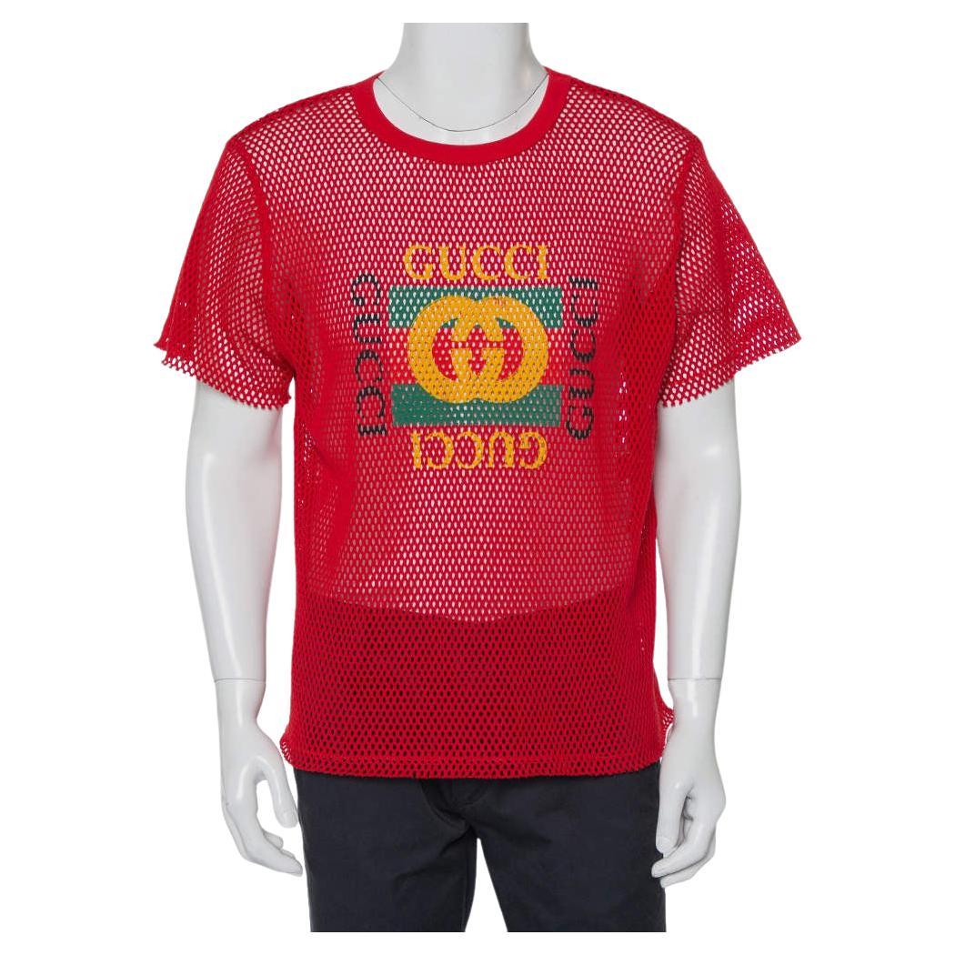 Gucci Rotes bedrucktes Crewneck-T-Shirt aus Mesh mit Logo XS im Angebot