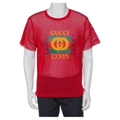 Gucci Rotes bedrucktes Crewneck-T-Shirt aus Mesh mit Logo XS