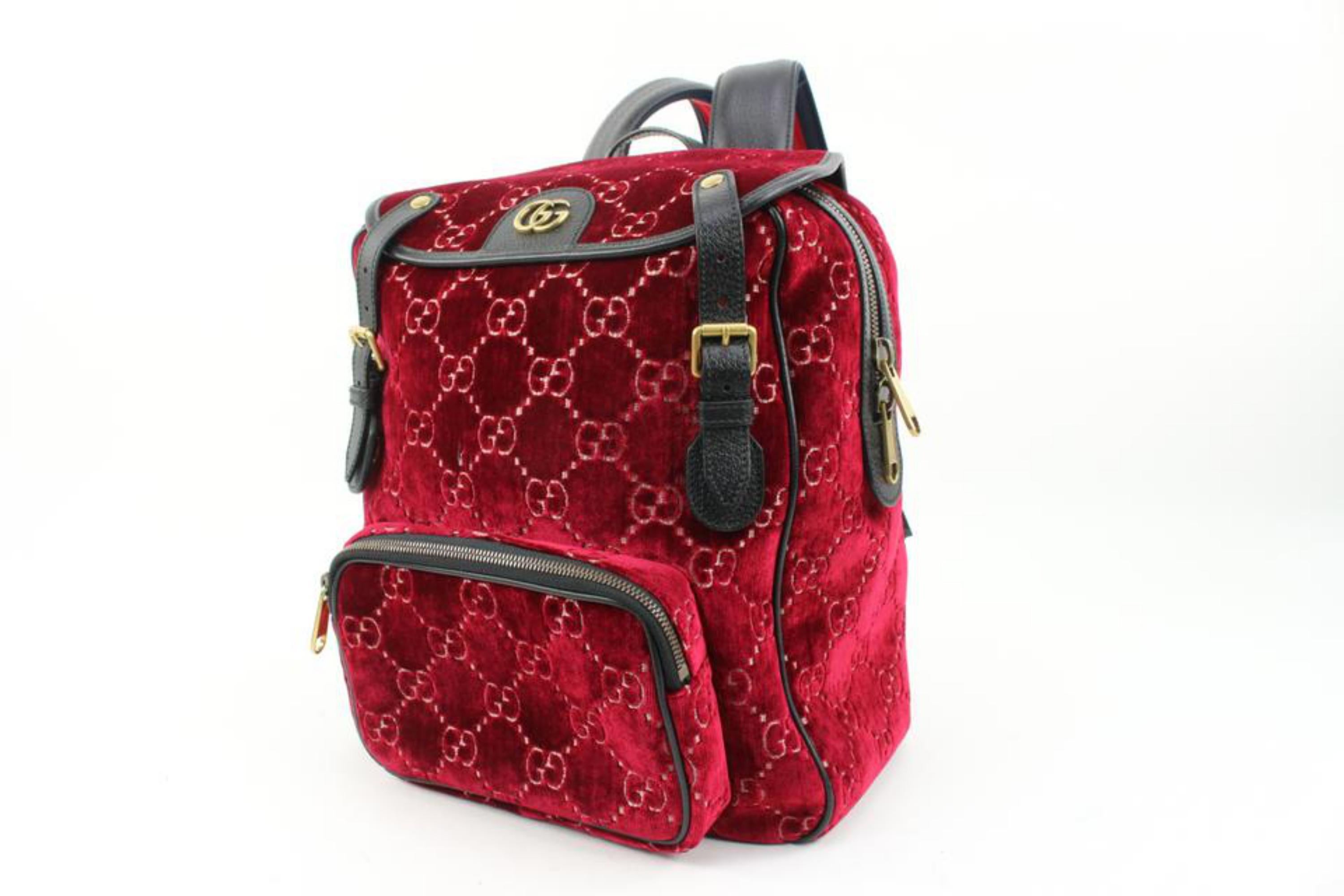 Gucci Red Monogram GG Velvet Marmont Small Double Buckle Backpack 58g128s
Date Code/Serial Number: 574942 001998
Made In: Italy
Measurements: Length:  11.5