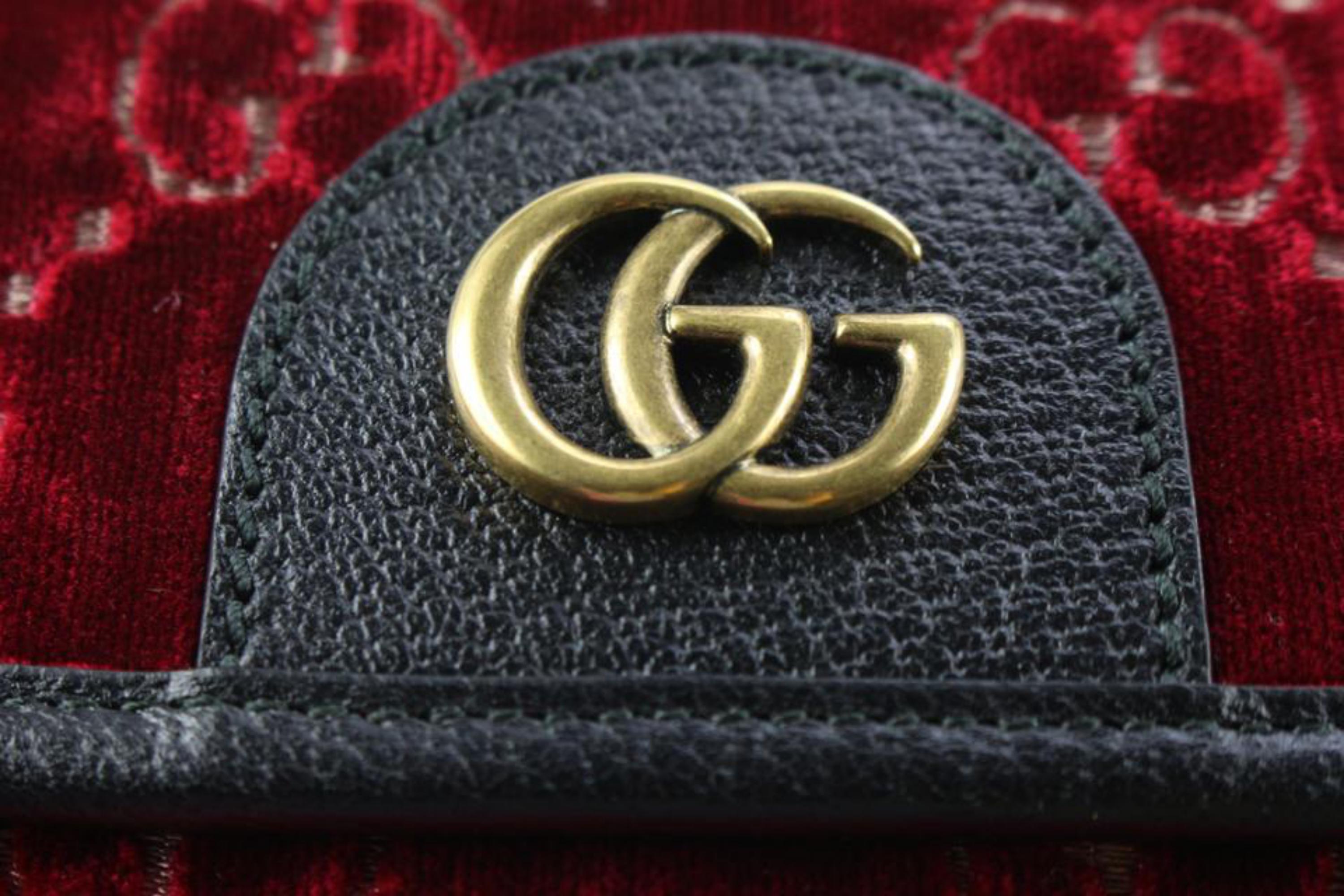 Gucci Red Monogram GG Velvet Marmont Small Double Buckle Backpack 58g128s In Good Condition In Dix hills, NY