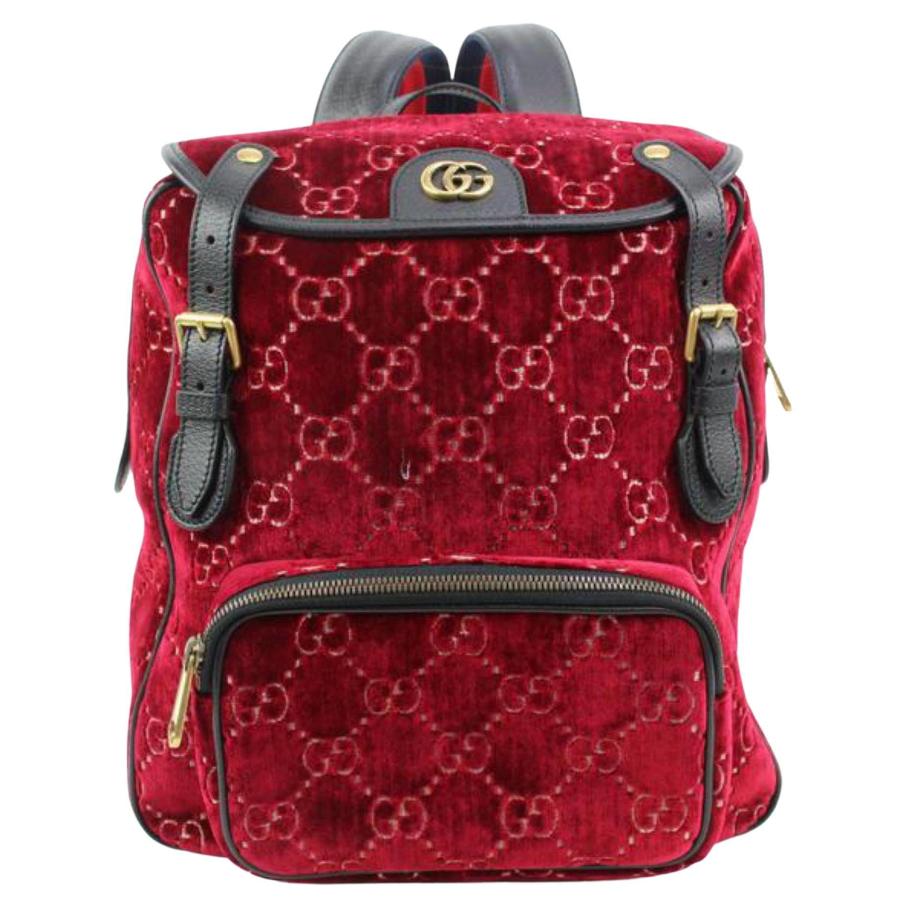 Gucci Red Monogram GG Velvet Marmont Small Double Buckle Backpack 58g128s