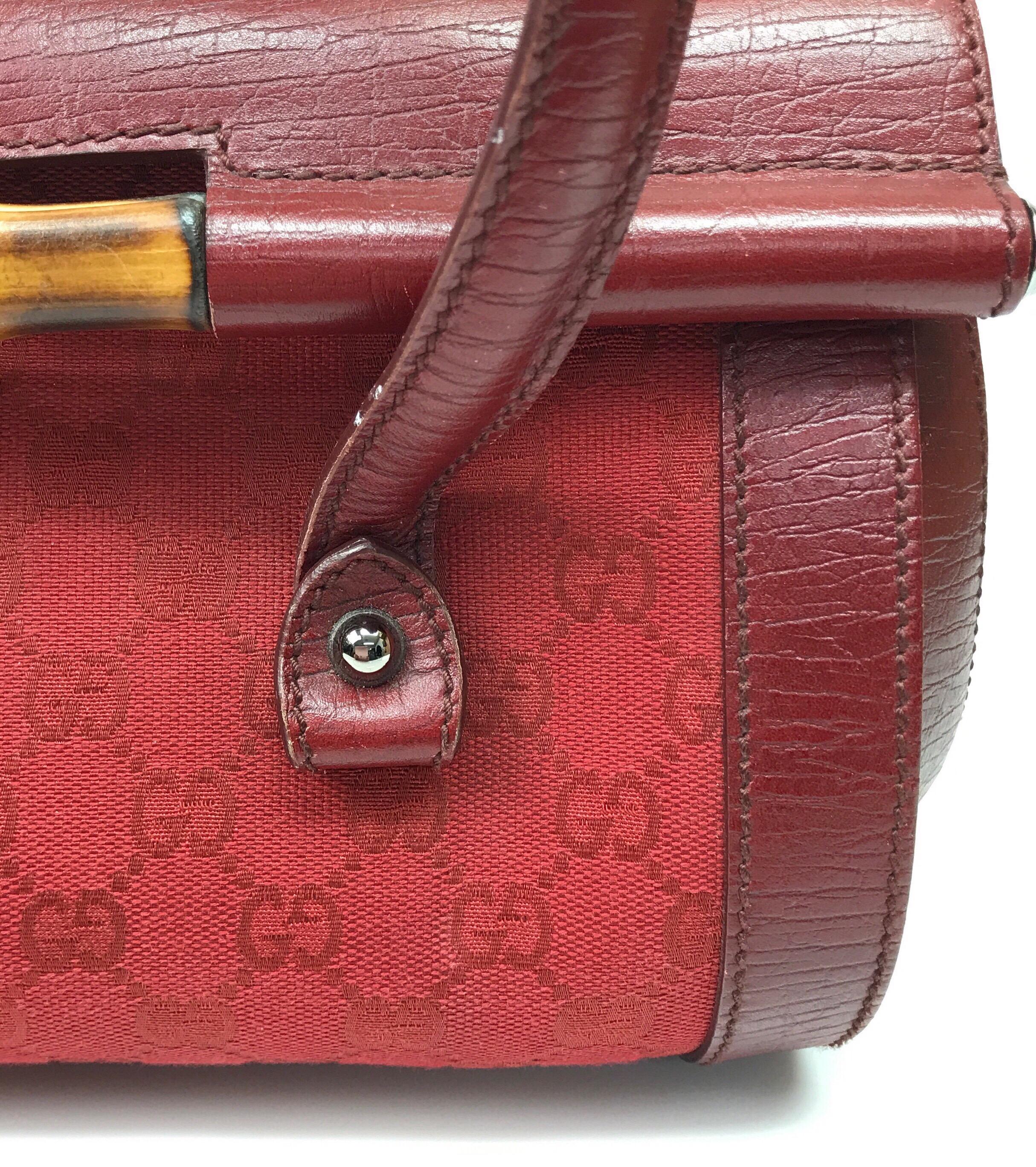 Gucci Red Monogram Leather Bamboo Bullet Handbag For Sale 2