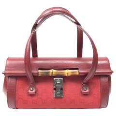 Retro Gucci Red Monogram Leather Bamboo Bullet Handbag