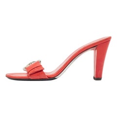 Gucci Red Monogram Leather Buckle Detail Slide Sandals Size 37.5