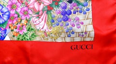 Gucci Red & Multicolor Basket Of Flowers Motif Silk Scarf circa 1990s