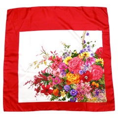 Gucci Red & Multicolor Basket Of Flowers Motif Silk Scarf circa 1990s