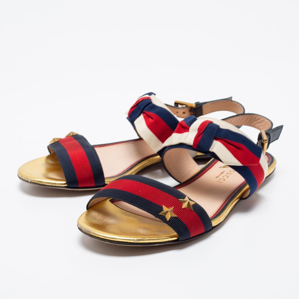 Gucci Red/Navy Blue Leather and Canvas Web Flat Slingback Sandals Size 37.5 2