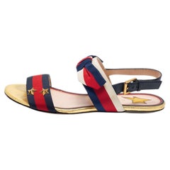 Gucci Red/Navy Blue Leather and Canvas Web Flat Slingback Sandals Size 37.5