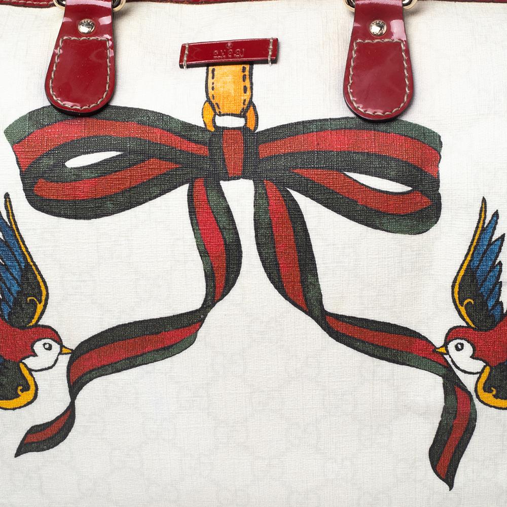 Gucci Red/Off White GG Supreme Patent Leather Large Tattoo Bird Joy Boston Bag 3