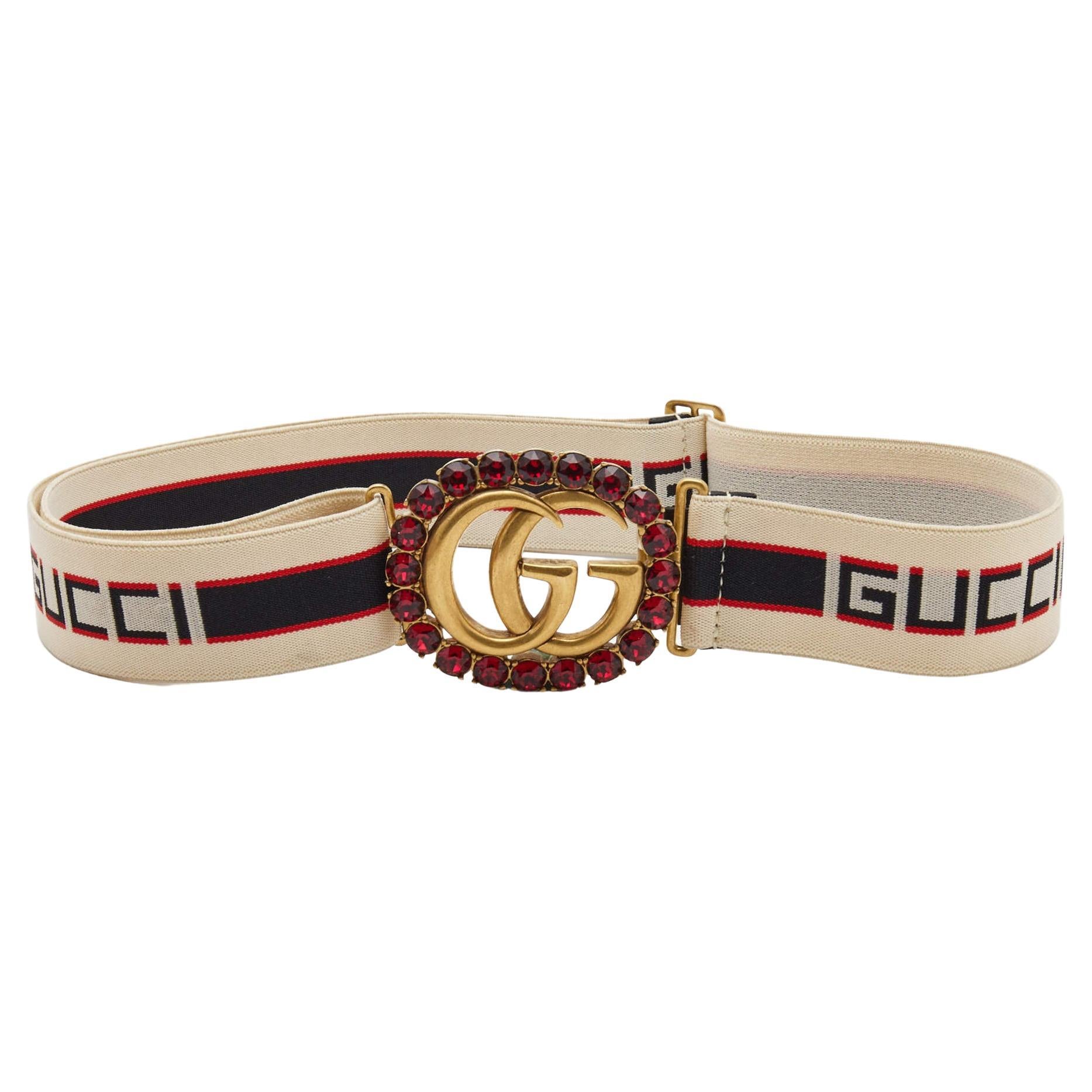Gucci Red/Off White Logo Elastic Band Double G Crystals Belt 95CM