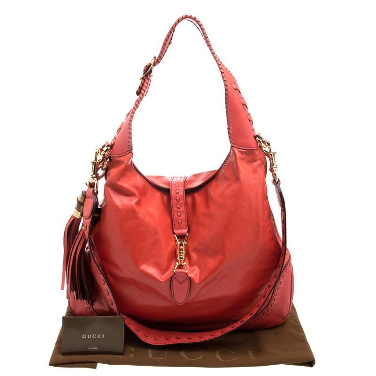 Gucci Red Orange Leather Large New Jackie Shoulder Bag For Sale at 1stDibs