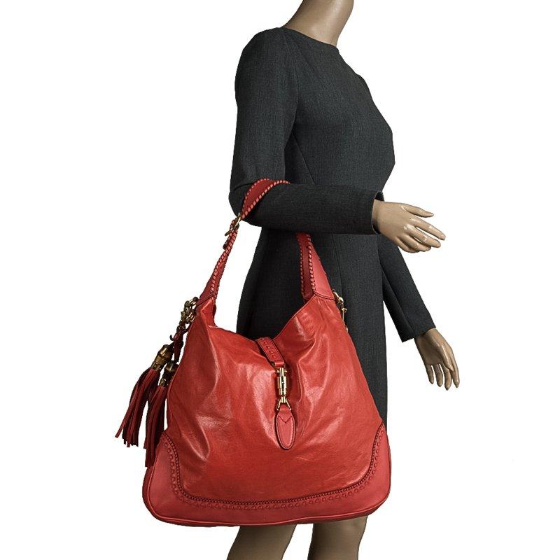 Gucci Red Orange Leather Large New Jackie Shoulder Bag In Good Condition In Dubai, Al Qouz 2