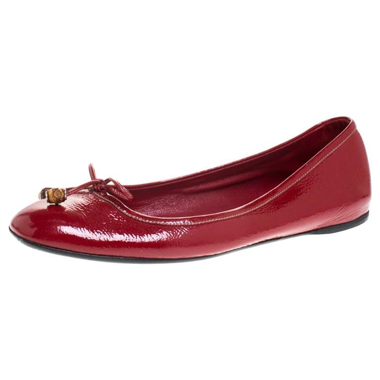 Gucci Red Patent Leather Bamboo Bow Ballet Flats Size 39.5