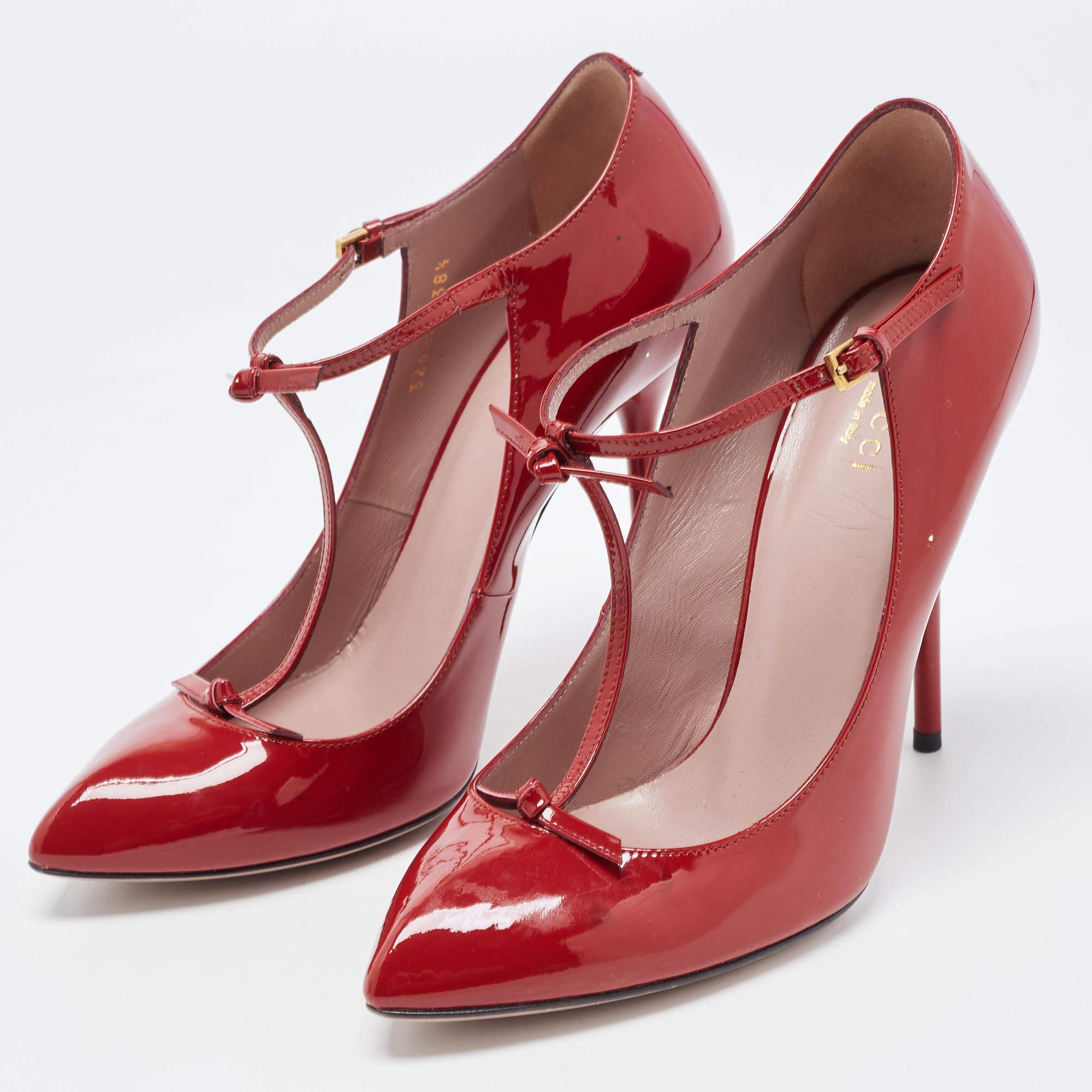 Gucci Red Patent Leather Bow Accents T-Strap Pumps Size 38.5 For Sale 1
