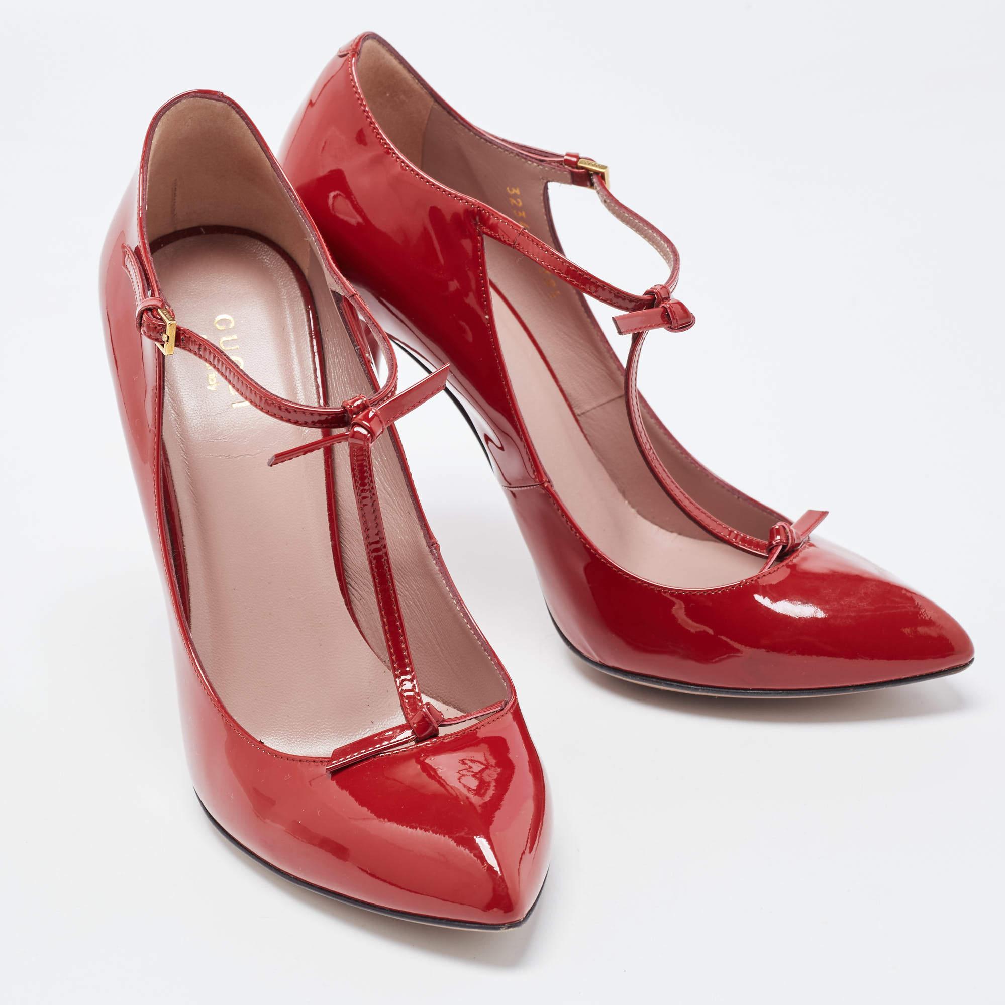 Gucci Red Patent Leather Bow Accents T-Strap Pumps Size 38.5 2