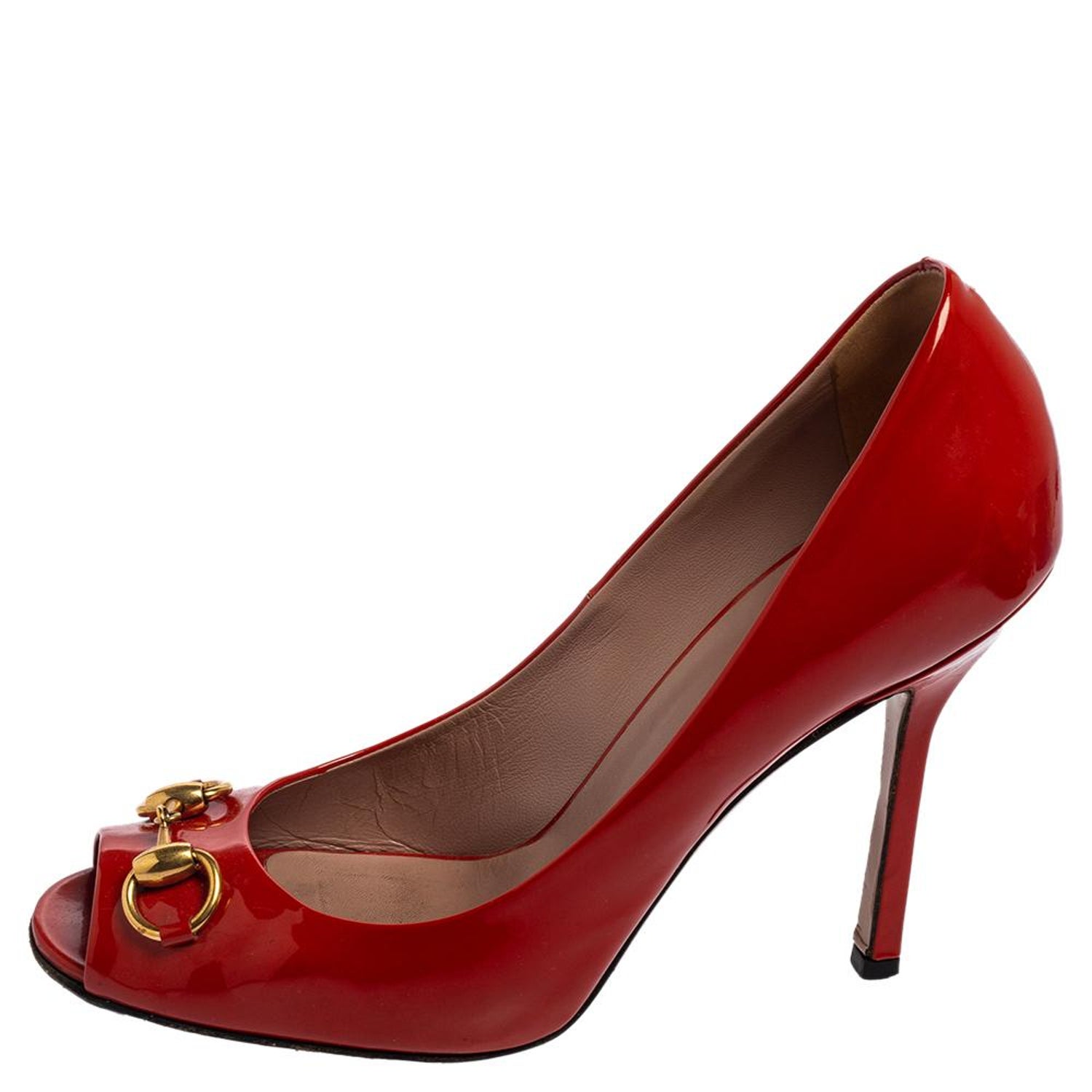 Gucci Red Patent Leather Horsebit Peep-toe Pumps Size 39.5 For Sale at  1stDibs
