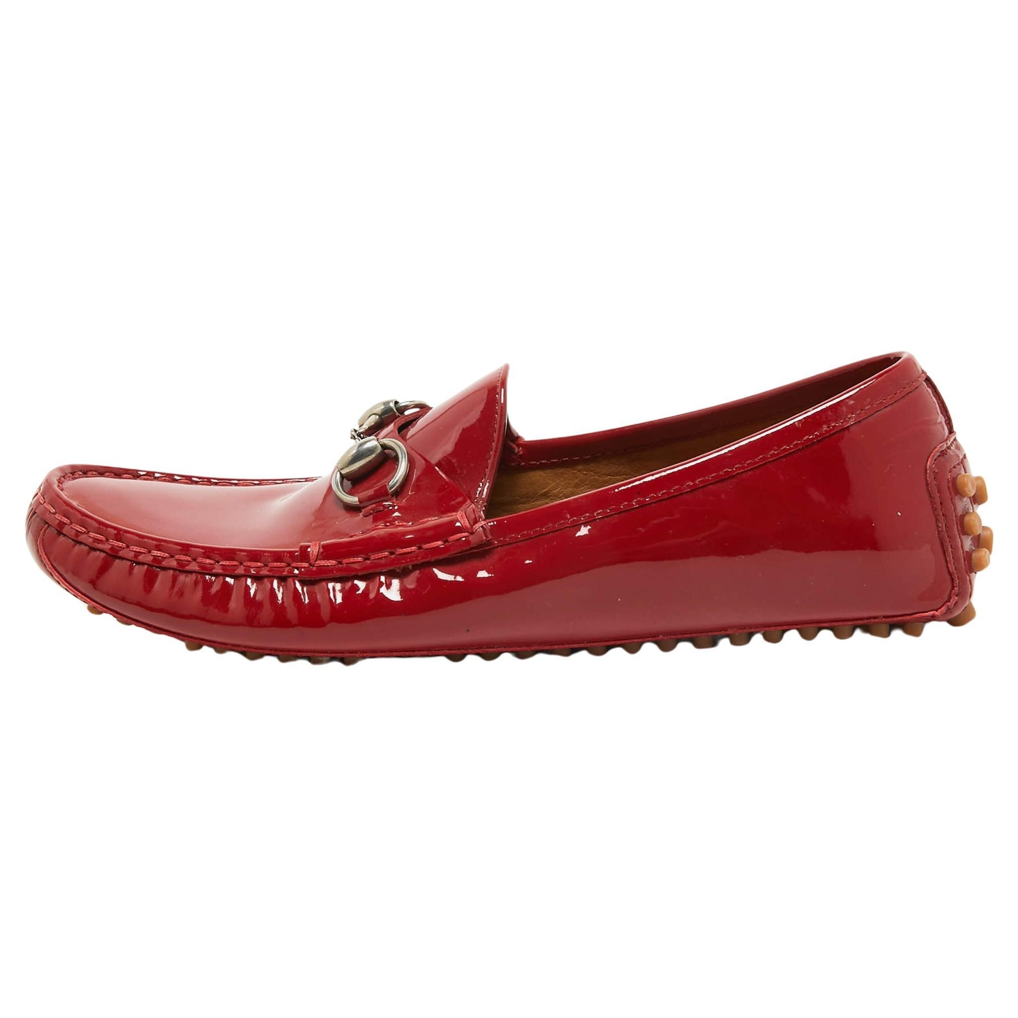 Gucci Red Patent Leather Horsebit Slip On Loafers Size 38 For Sale