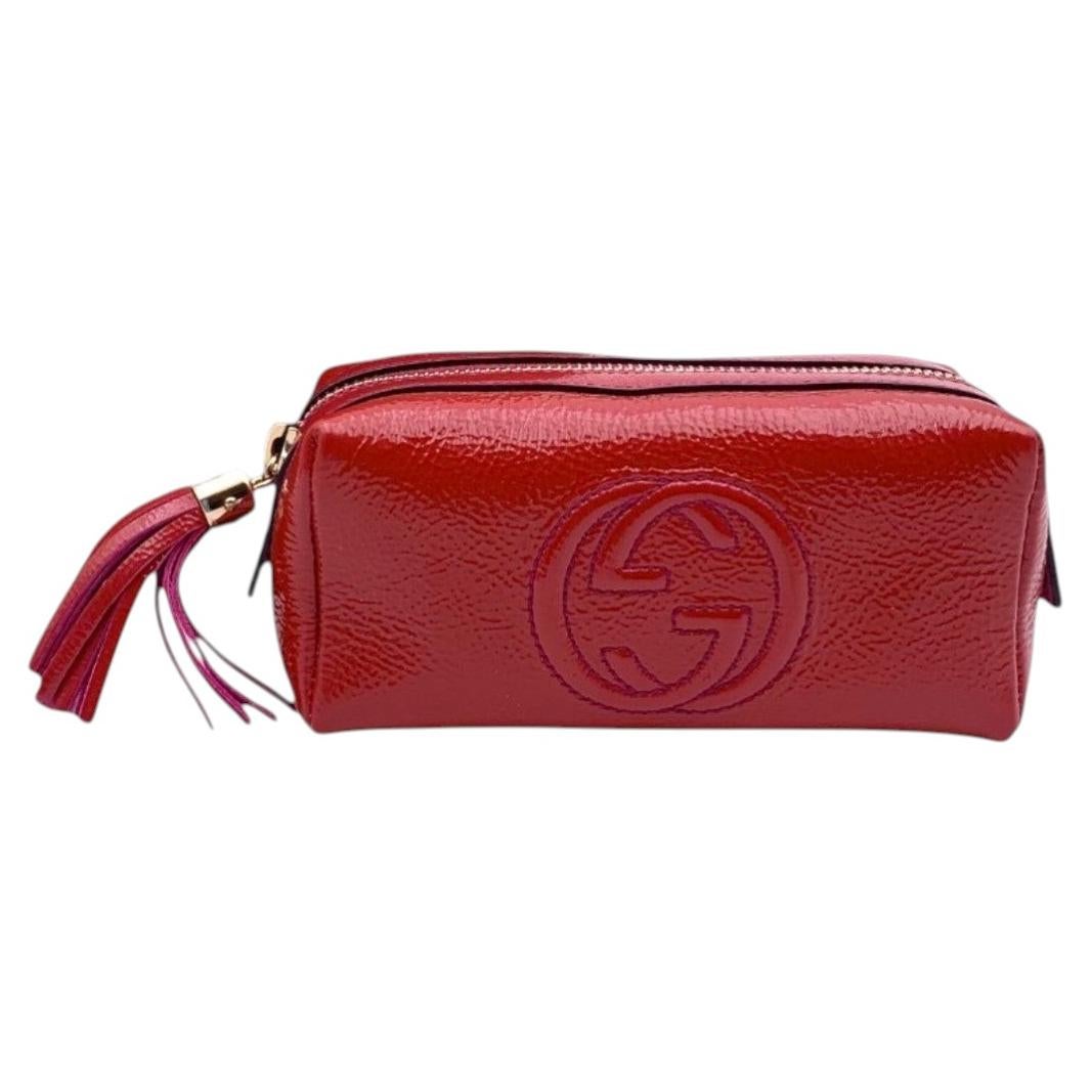 Gucci Red Patent Leather Interlocking Soho Cosmetic Pouch Bag For Sale