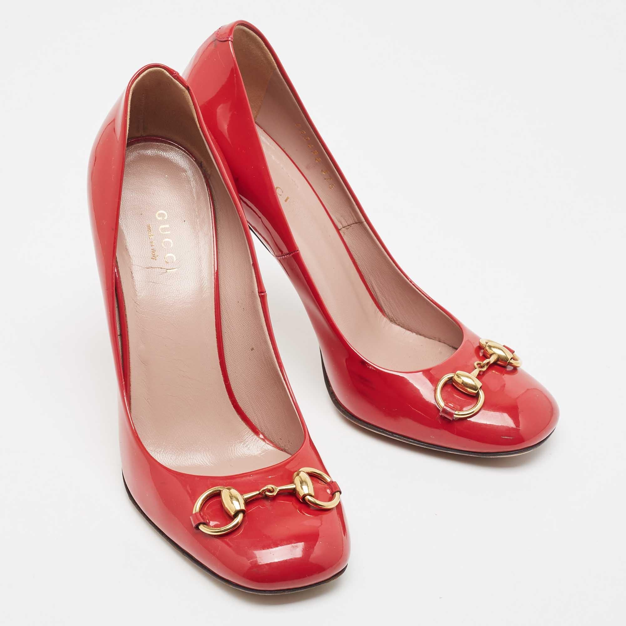 Women's Gucci Red Patent Leather Jolene Horsebit Square Toe Pumps Size 37.5 For Sale