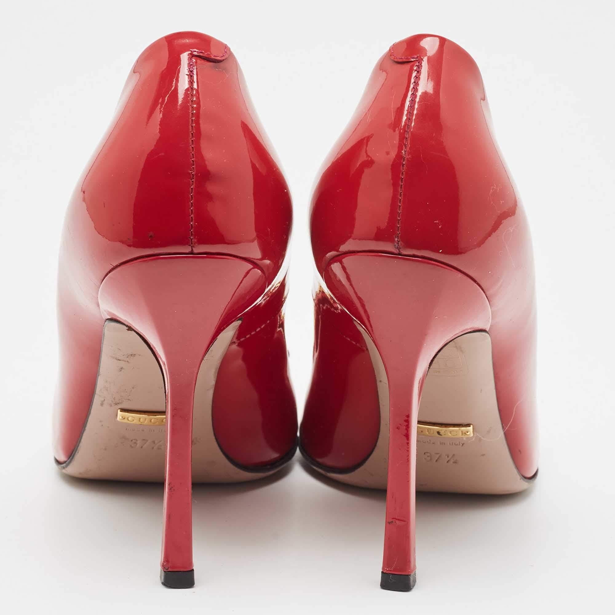 Gucci Red Patent Leather Jolene Horsebit Square Toe Pumps Size 37.5 For Sale 1