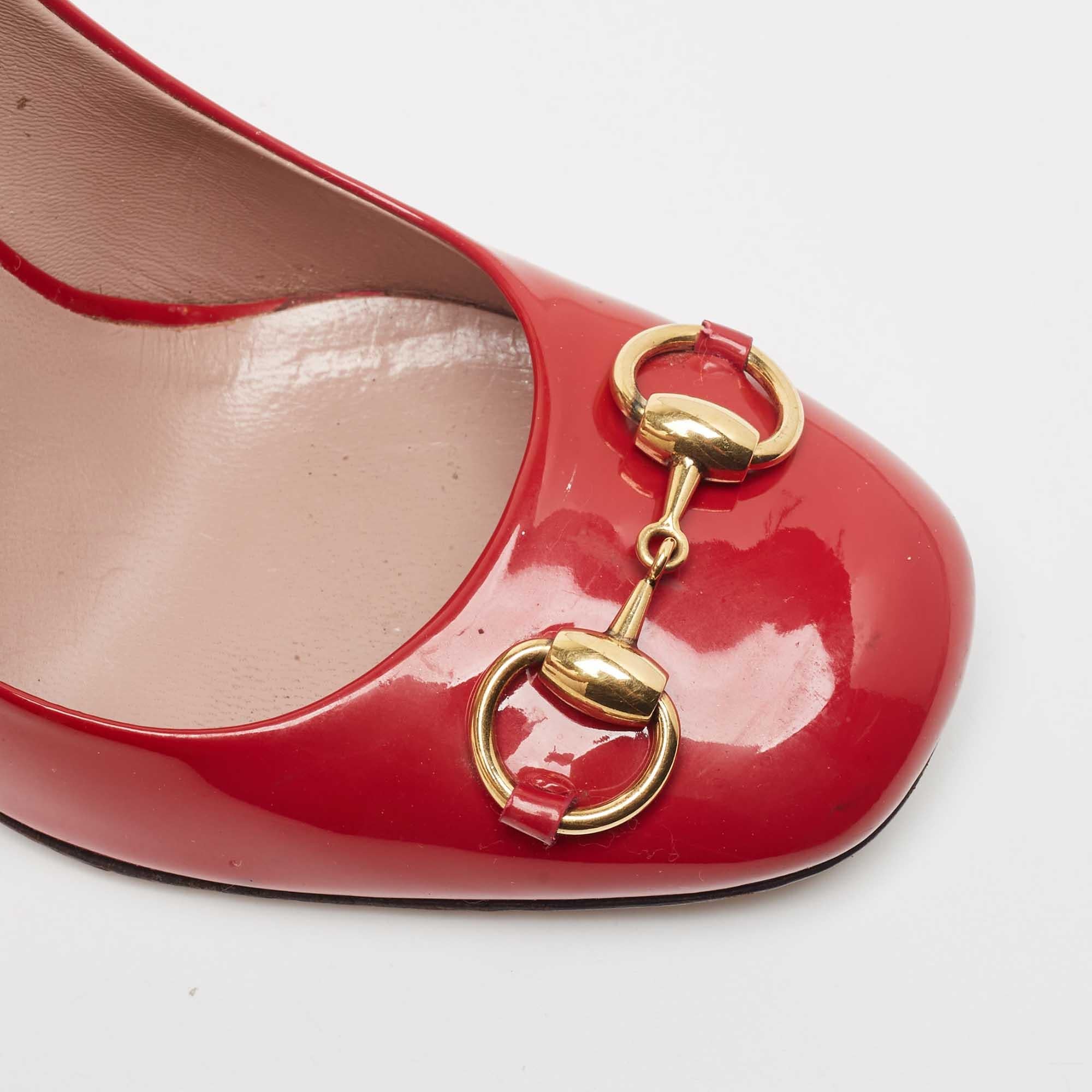 Gucci Red Patent Leather Jolene Horsebit Square Toe Pumps Size 37.5 For Sale 3