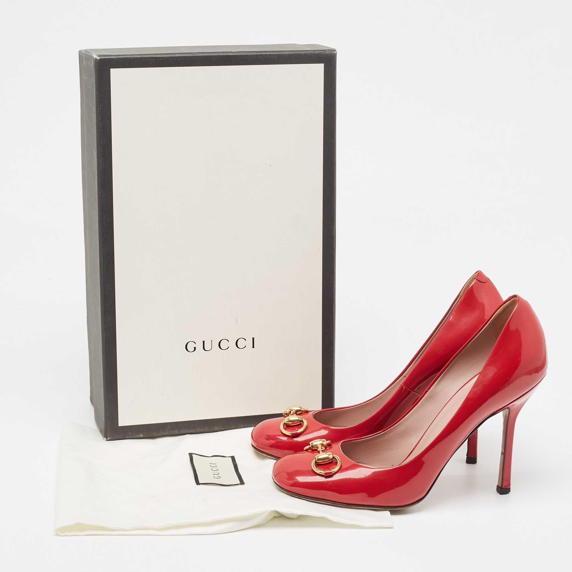 Gucci Red Patent Leather Jolene Horsebit Square Toe Pumps Size 37.5 For Sale 5