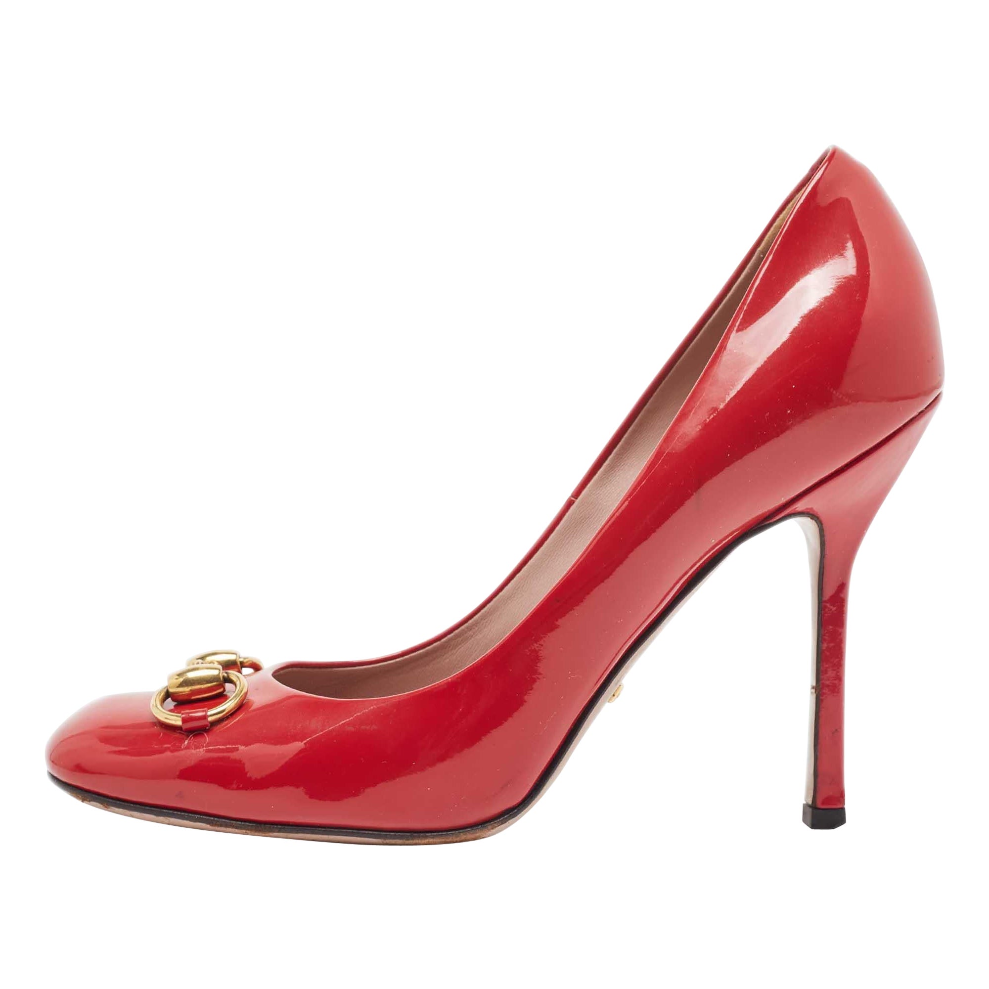 Gucci Red Patent Leather Jolene Horsebit Square Toe Pumps Size 37.5