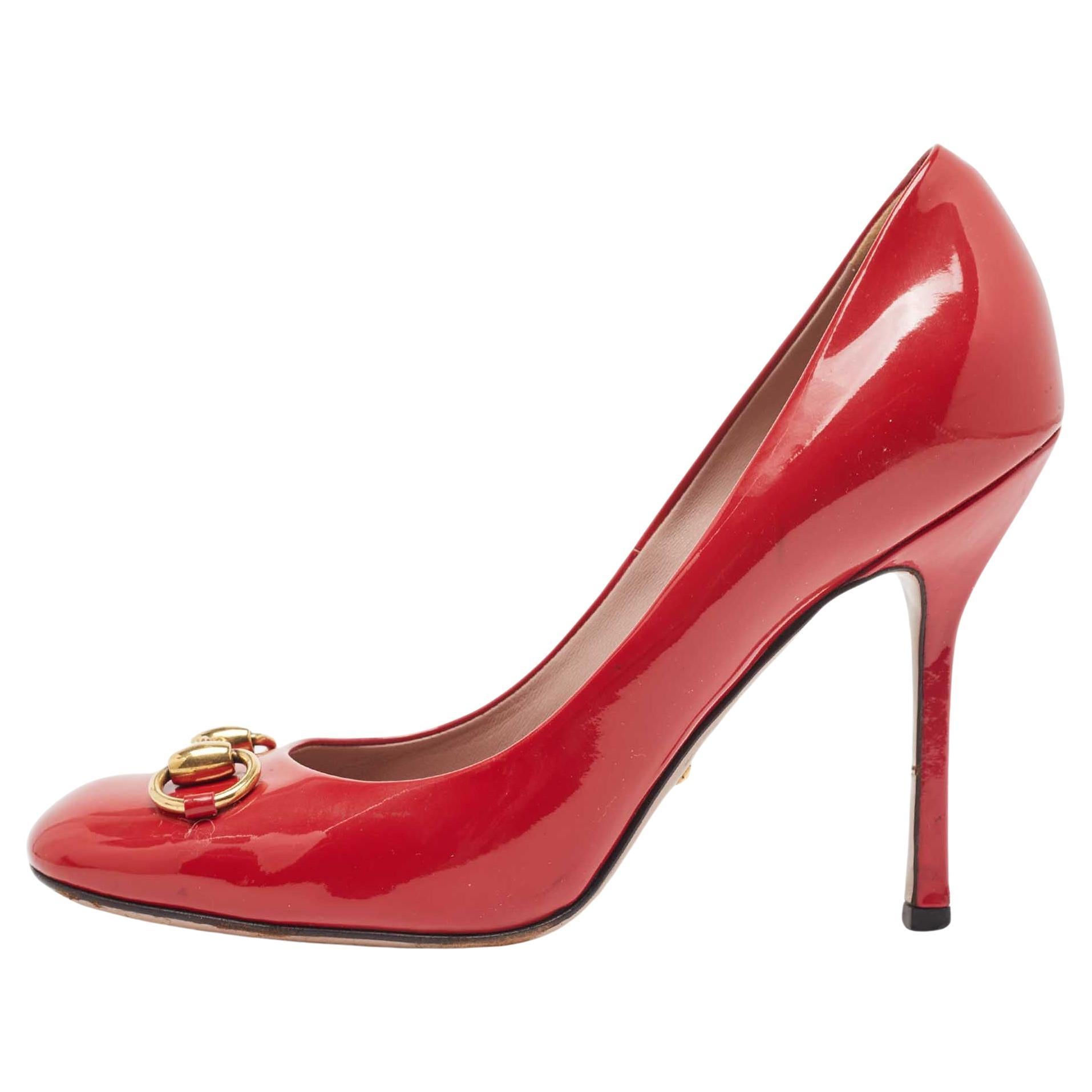 Gucci Red Patent Leather Jolene Horsebit Square Toe Pumps Size 37.5 For Sale