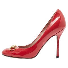 Gucci Red Patent Leather Jolene Horsebit Square Toe Pumps Size 37.5