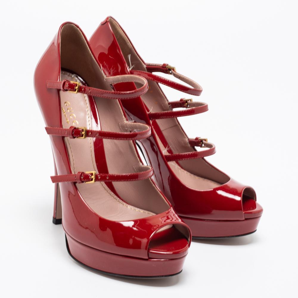 Gucci Red Patent Leather Platform Ankle Strap Mary Jane Peep Toe Pumps Size 36 In Good Condition In Dubai, Al Qouz 2