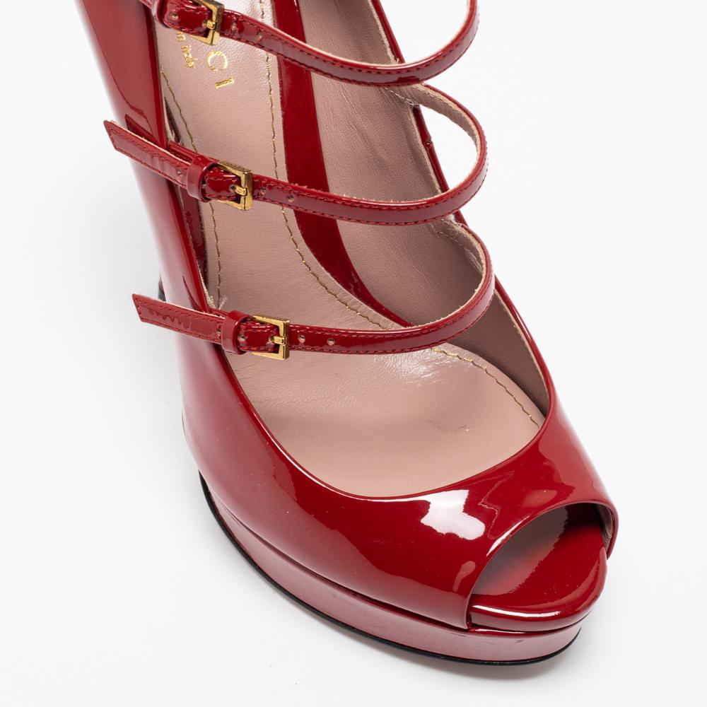 Women's Gucci Red Patent Leather Platform Ankle Strap Mary Jane Peep Toe Pumps Size 36