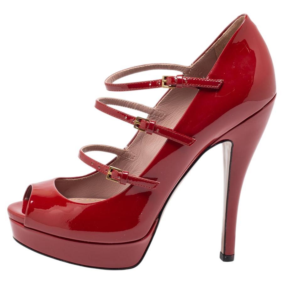 Gucci Red Patent Leather Platform Ankle Strap Mary Jane Peep Toe Pumps Size 36