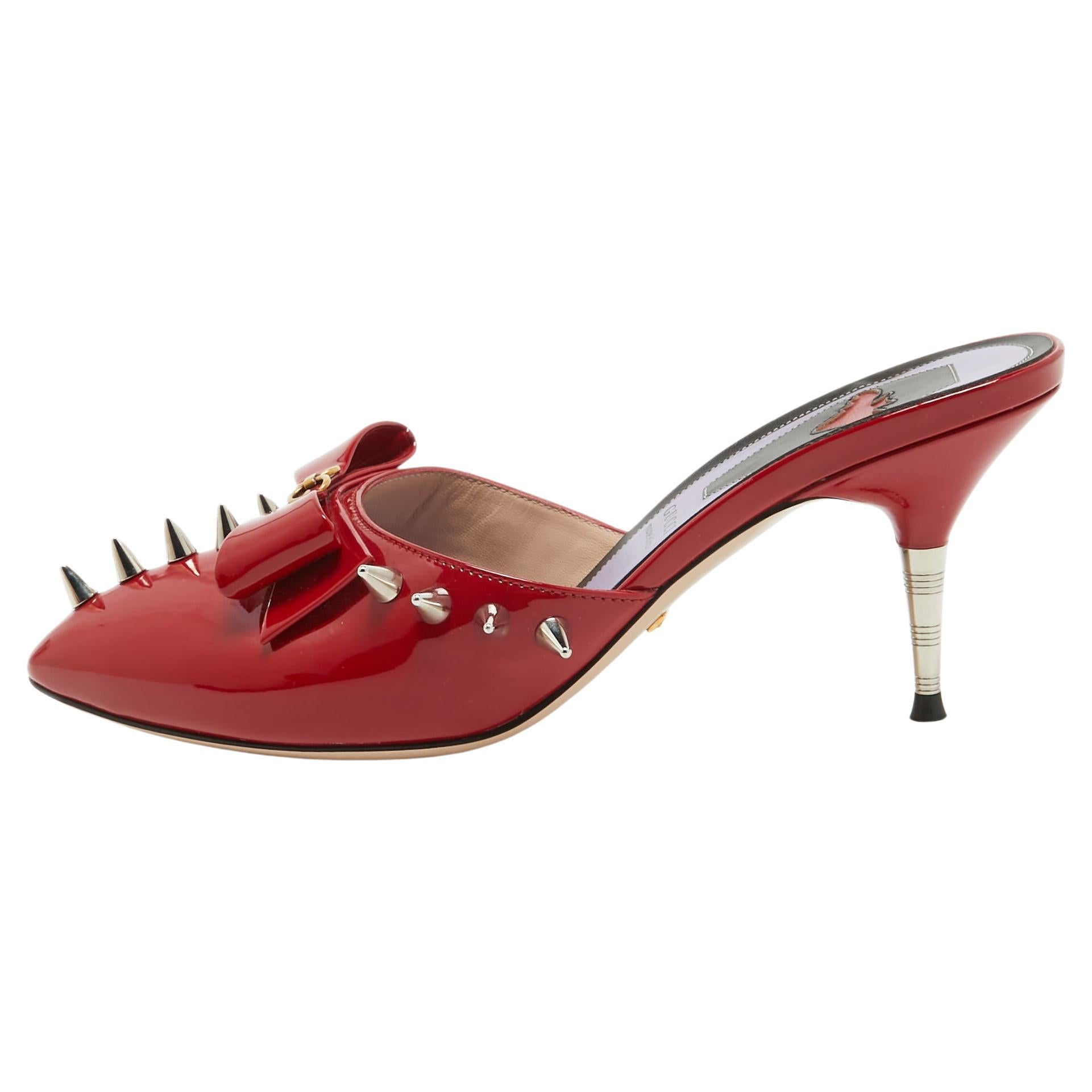 Gucci Red Patent Leather Sadie Mules Size 37.5 For Sale
