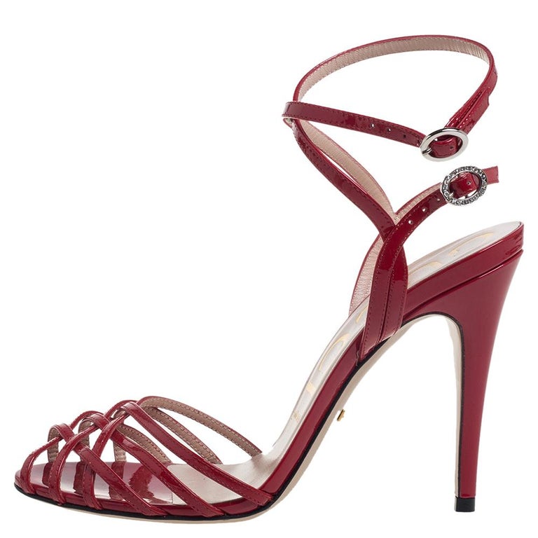 Gucci Red Patent Leather Strappy Ankle Strap Sandals Size 38.5 at 1stDibs