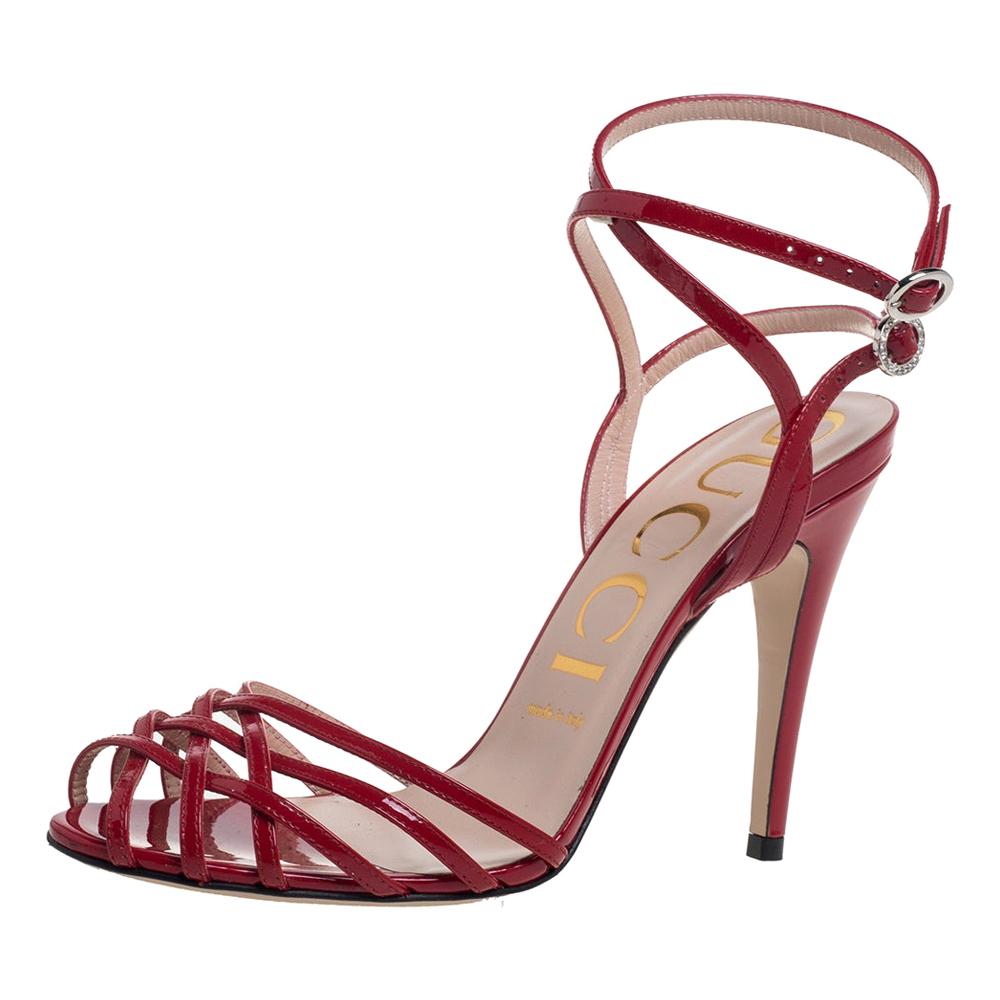 Gucci Red Patent Leather Strappy Ankle Strap Sandals Size 38.5 at 1stDibs