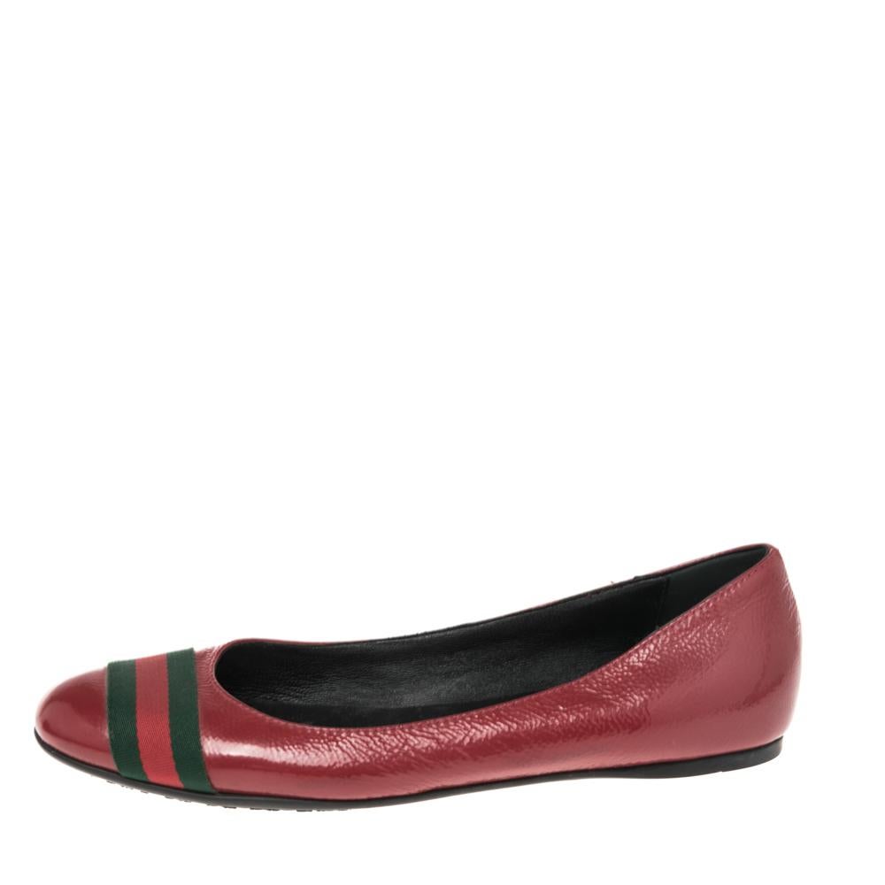 Brown Gucci Red Patent Leather Web Stripe Ballet Flats Size 38